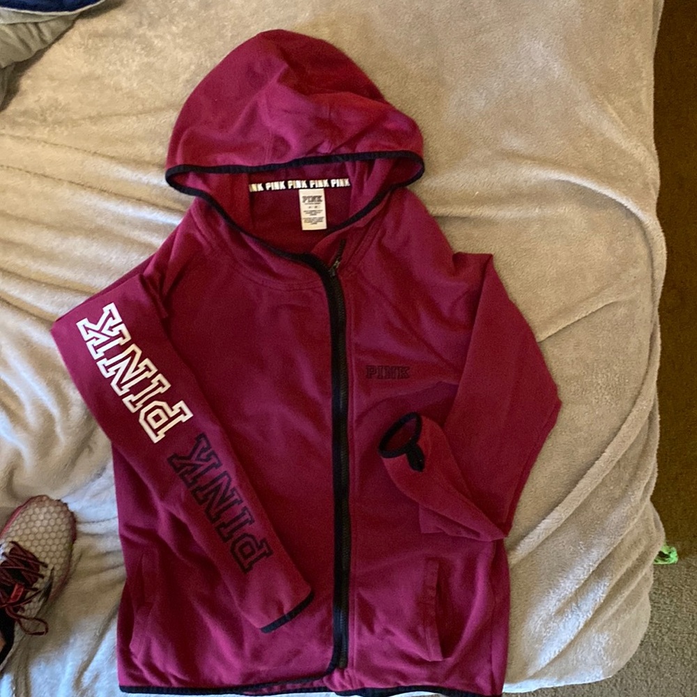 PINK size Medium, long sleeve zip up hoodie jacket with finger holes in sleeves